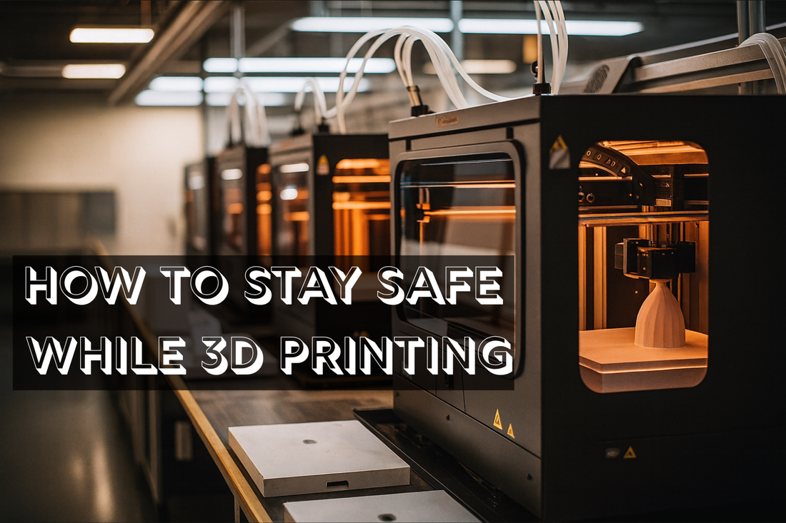 3D printers in a work space with the text overlay of "How to stay safe while 3d printing"