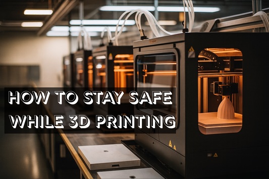 3D printers in a work space with the text overlay of "How to stay safe while 3d printing"