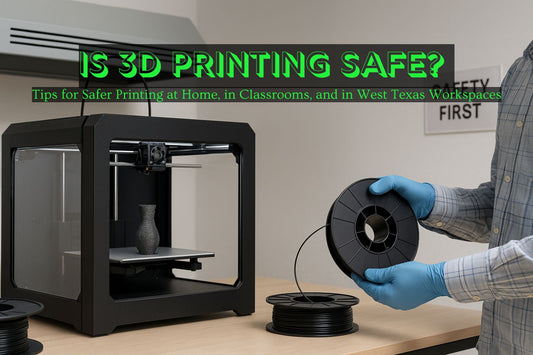 An image of a person with gloves on holding a spool of filament in front of a 3d printer near a sign that says "safety first"