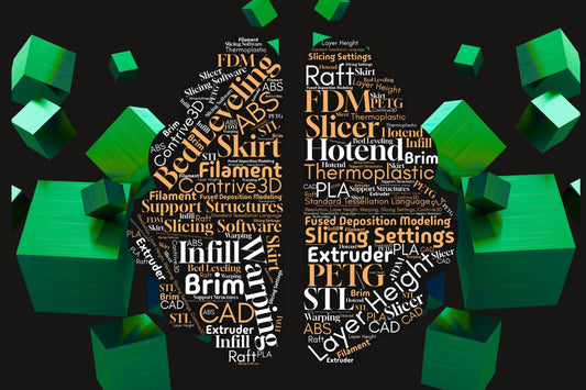 Green blocks behind terms for 3D printing that are in the shape of a brain