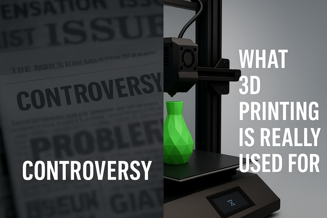 on the left there is a newspaper that says controversy and on the right there is a 3d printer with text overlay of "what 3d printing is really used for"