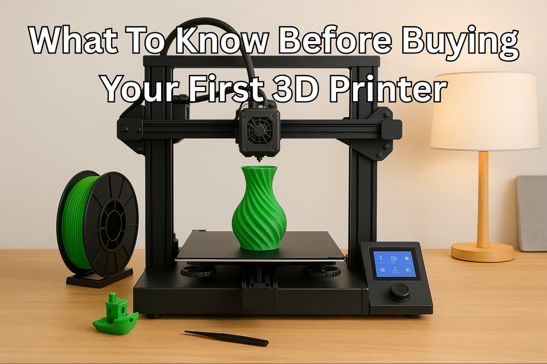 3d printer on a desk printing neon green filament into a vase with the text overlay of "what to know before buying your first 3d printer"