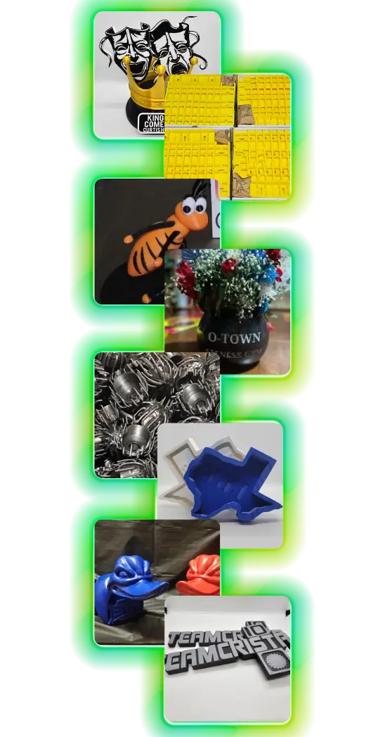 A variety of 3D-printed parts and finished products showcasing different materials offered by Contrive3D in Lubbock, TX. Examples included are
PLA, PETG, ASA, carbon fiber-infused filament, photopolymer resin, and silicone. Custom material options available upon request.