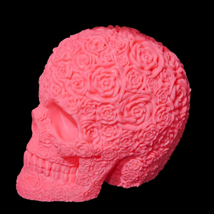 Pink PLA decorative skull, 3D printed centerpiece made by Contrive3D.