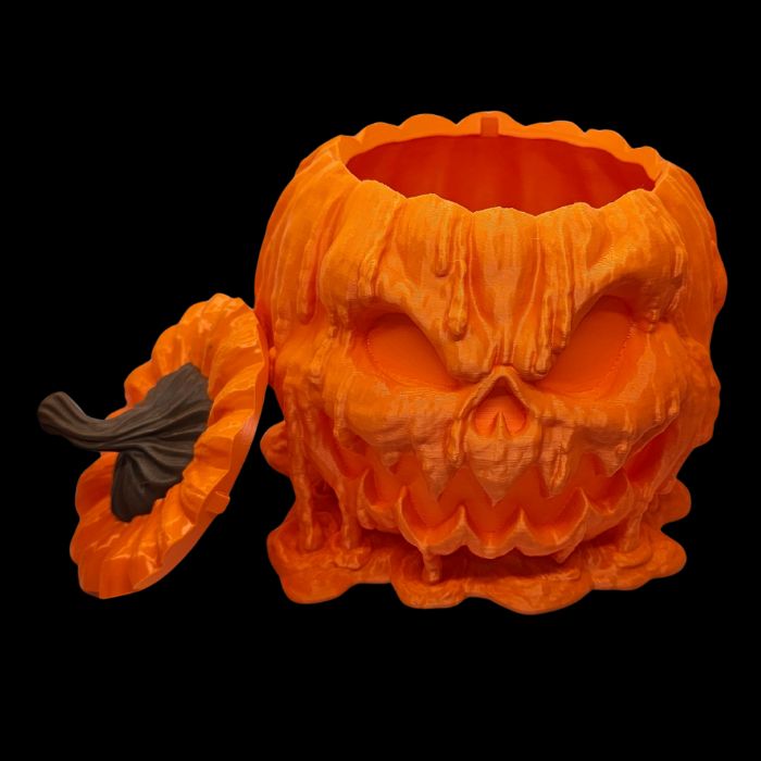 3D printed Melting Pumpkin Candy Bowl in orange PLA, made by Contrive3D in Lubbock, Texas.