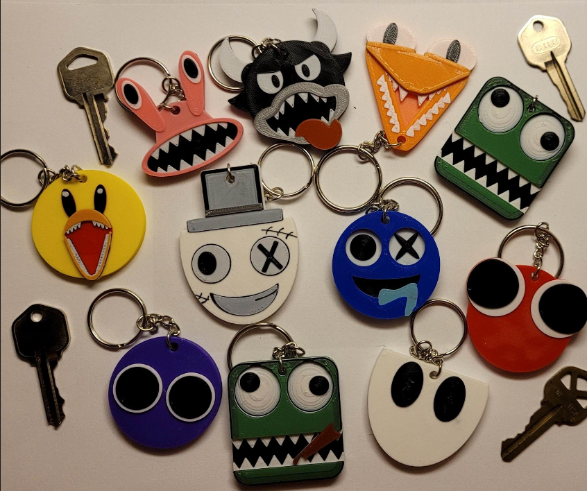 Contrive3D 3D Printed Rainbow Friends Keychains from the Roblox Monster Game. Lubbock, Texas