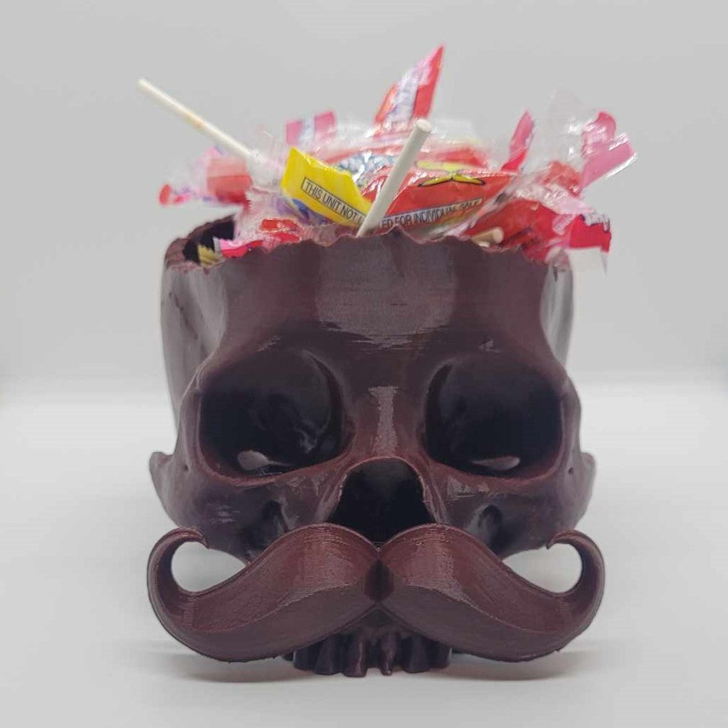 Contrive3D Gentleman Skull Bowl with a mustache filled with candy Lubbock Texas