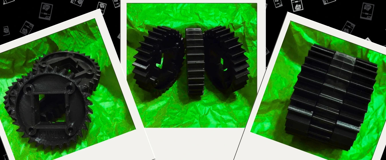 FDM 3D printed black ASA gears by Contrive3D in Lubbock, Texas—custom-made replacement parts for a discontinued quilting machine