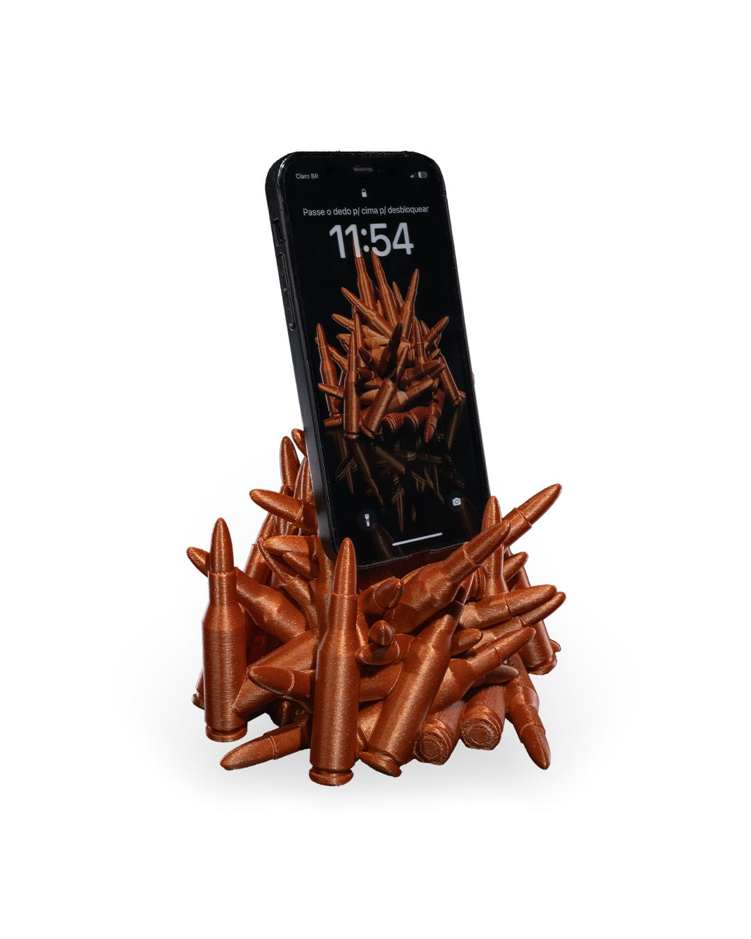 Ammo Pile Phone Holder side profile showing bullet stack design, 3D printed in PLA.