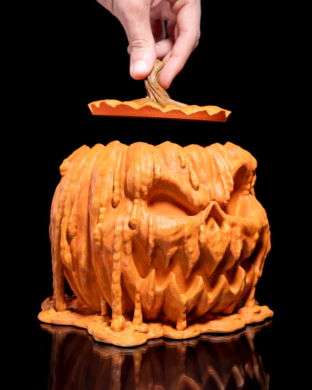 Spooky pumpkin candy dispenser with dripping melting design, 3D printed décor by Contrive3D