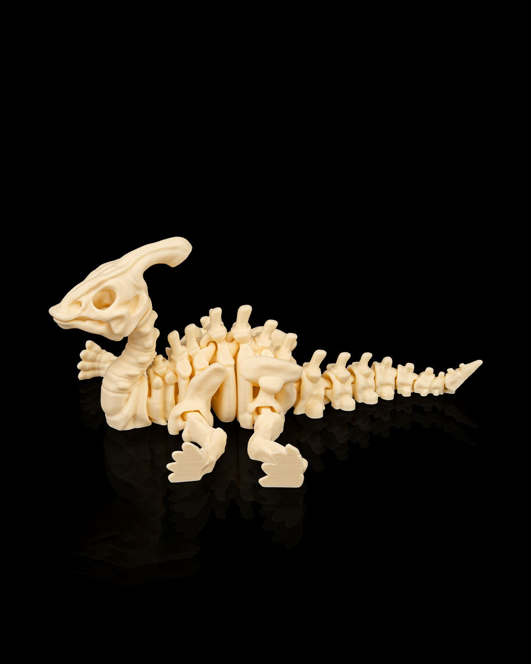 Flat lying side view of 3D printed Skeleton Parasaurolophus showing skull crest and skeletal body.