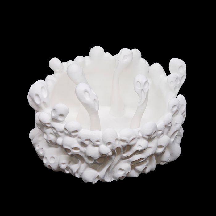 3D printed Spectral Candy Holder in white PLA with skull design, printed by Contrive3D in Lubbock, Texas.