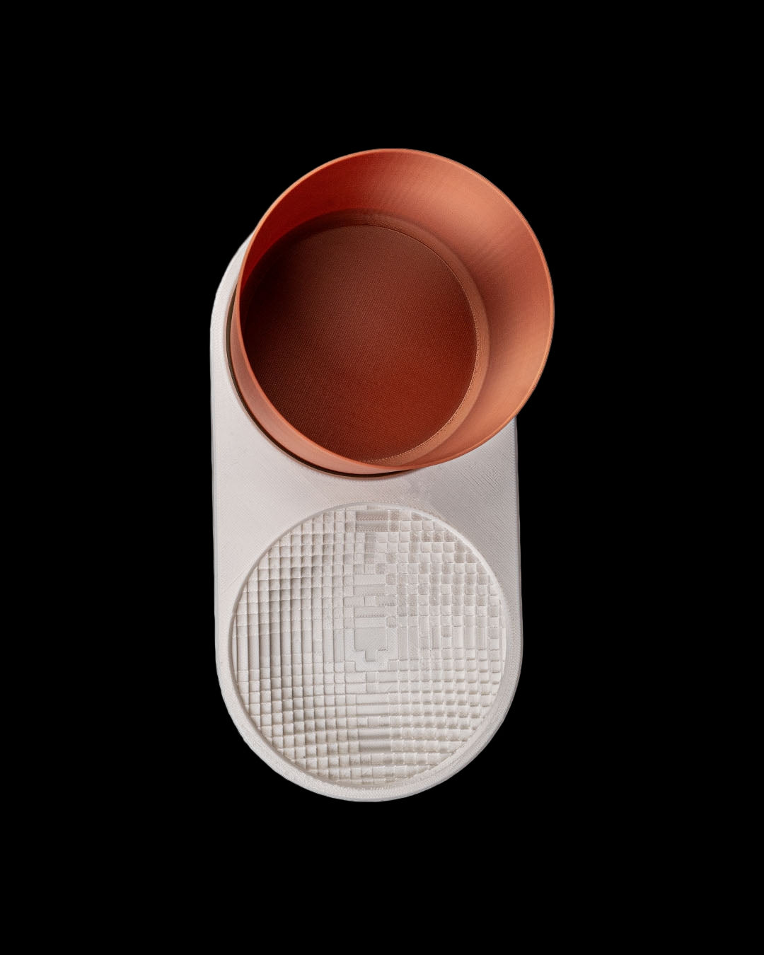 Dual-use VOXEL planter and desk organizer with enamel-sealed brown planter cup. Top view showing no water drain holes