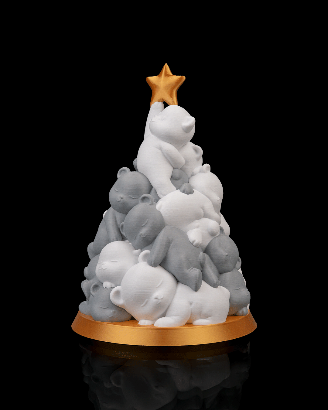 Side view of 3D printed Beary Christmas Tree showing detailed bear figures and smooth layers