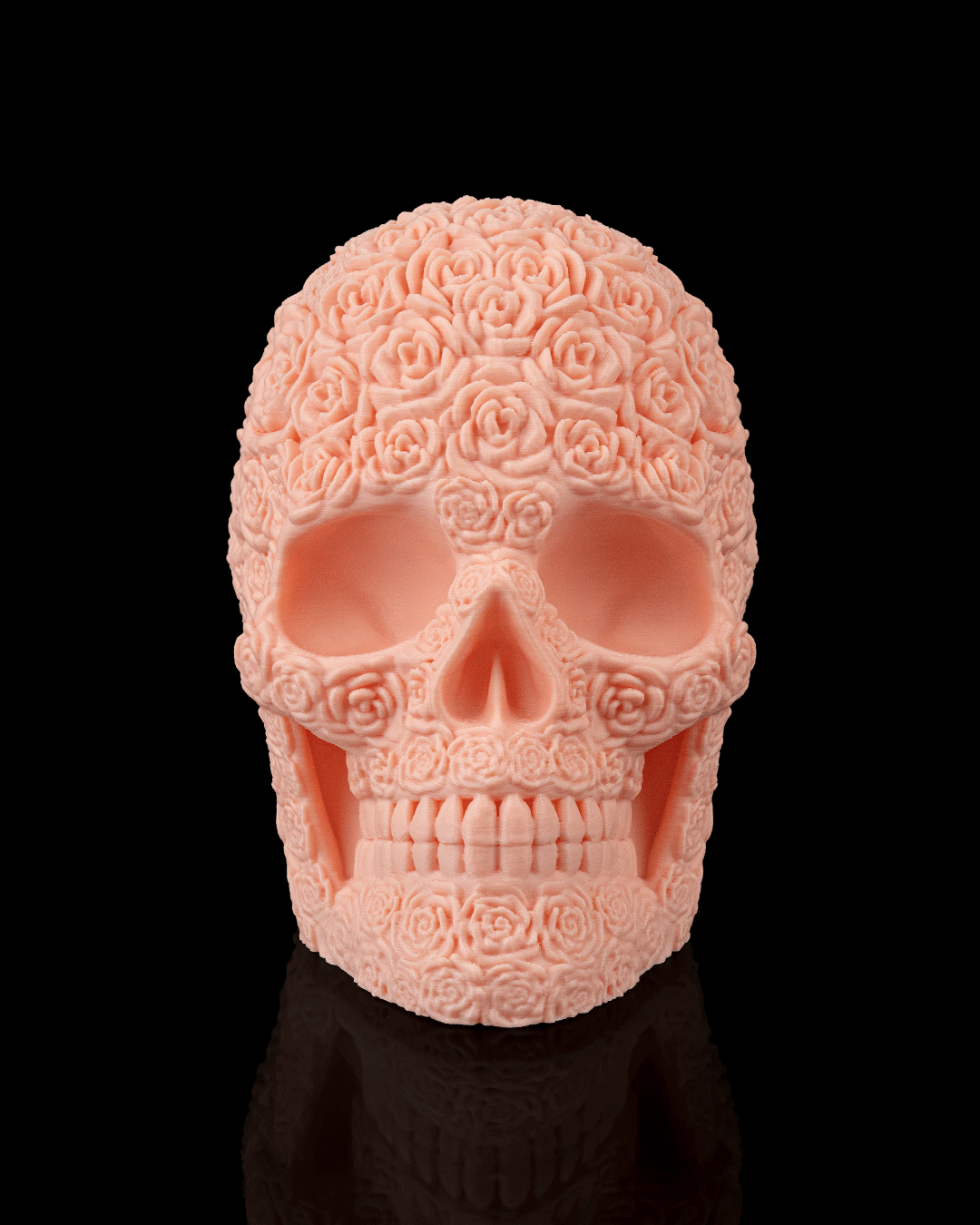 3D printed Bloom of Doom Skull in pink PLA, gothic decorative skull by Contrive3D Lubbock, Texas.
