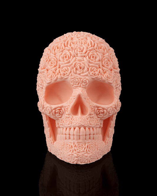 3D printed Bloom of Doom Skull in pink PLA, gothic decorative skull by Contrive3D Lubbock, Texas.