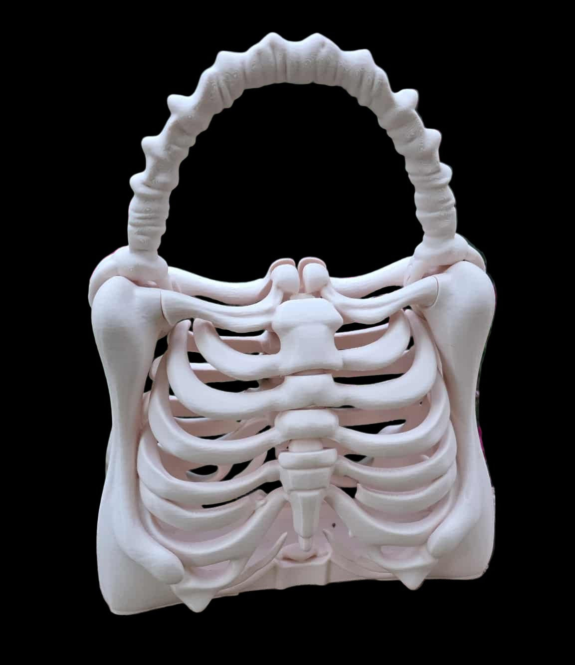 3D printed ribcage skeleton purse with bone-style handle in beige, gothic spooky fashion accessory, approximately 9.45” x 5.51” x 11.42” - Contrive3D Lubbock County Texas - Shallowater