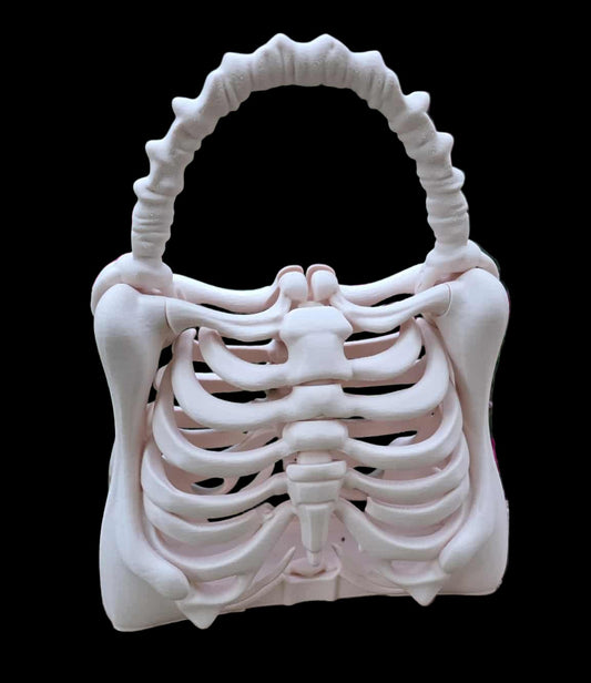3D printed ribcage skeleton purse with bone-style handle in beige, gothic spooky fashion accessory, approximately 9.45” x 5.51” x 11.42” - Contrive3D Lubbock County Texas - Shallowater