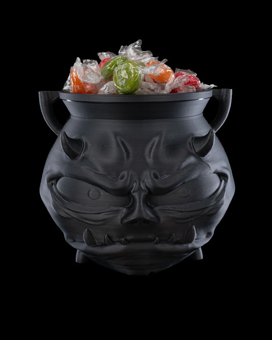 3D printed demonic cauldron candy holder with horns, filled with candy, Contrive3D