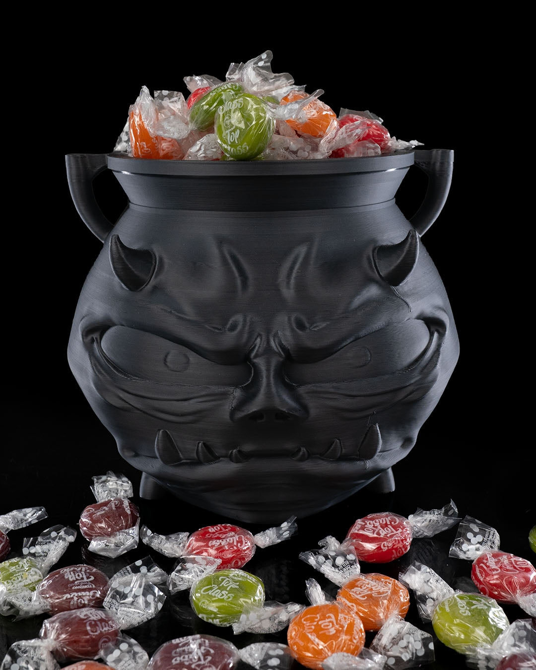 3D printed demonic cauldron candy holder with horns, filled with candy, by Contrive3D West Texas