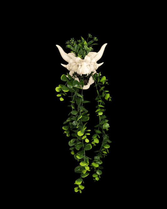 Front view of Drip & Decay gothic skull planter 17cm tall with dripping horned skull design.