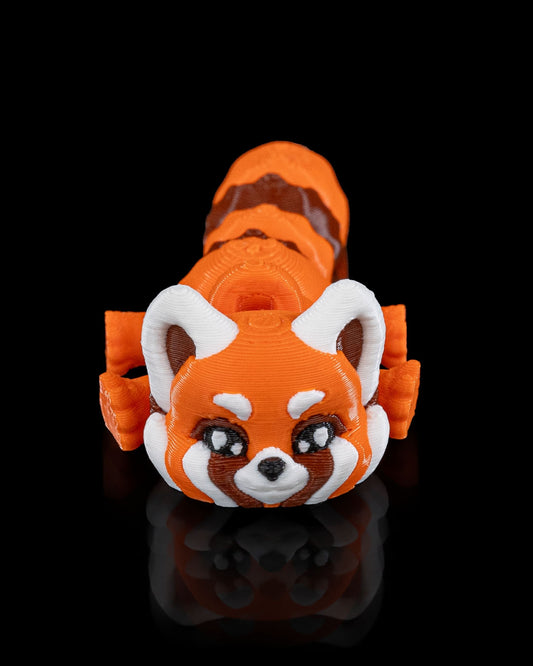 Front view of a 3D printed flexi red panda showing detailed face and articulated body.