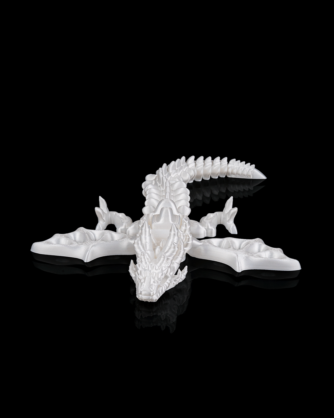 3D printed Flexi Undead Wyvern dragon skeleton in white, front view, showing detailed poseable bones.