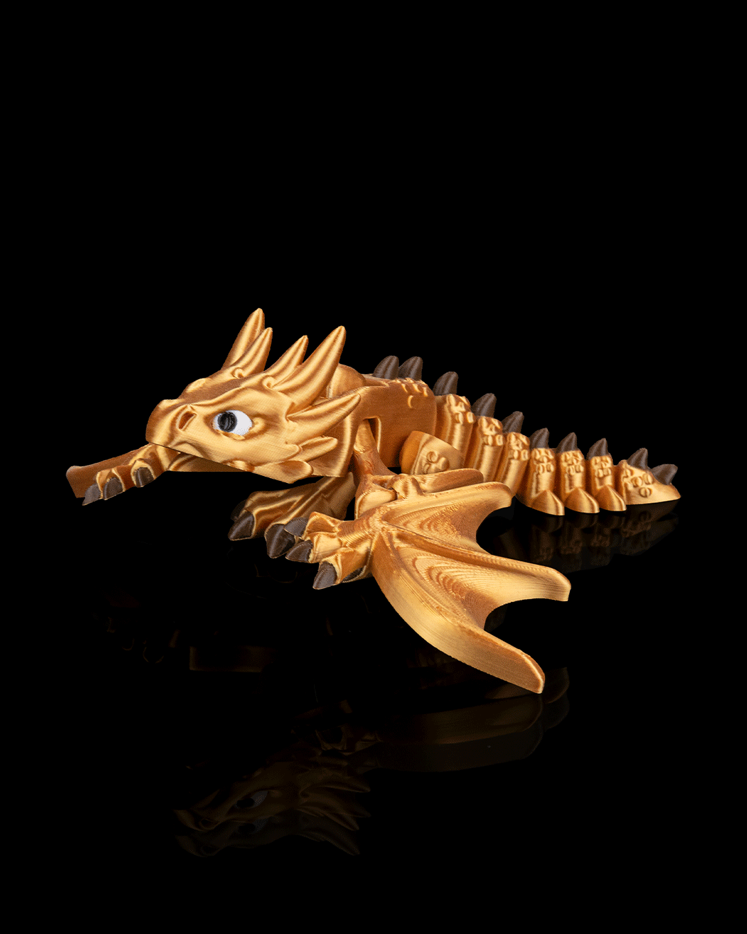 Flexi Wyvern 3D printed dragon figurine in gold color – front view