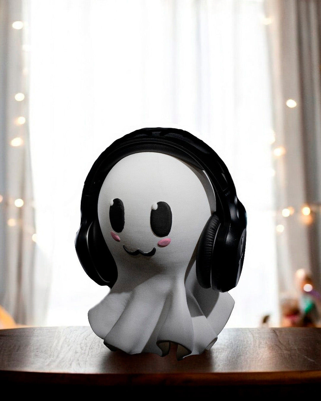 Side angled of Ghost Headphone Holder showing its playful ghost design and sturdy build.