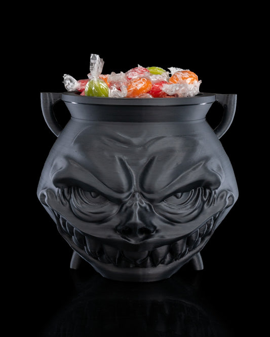3D printed Greedy Cauldron Candy Holder with sinister face, spooky décor, 14 cm tall.