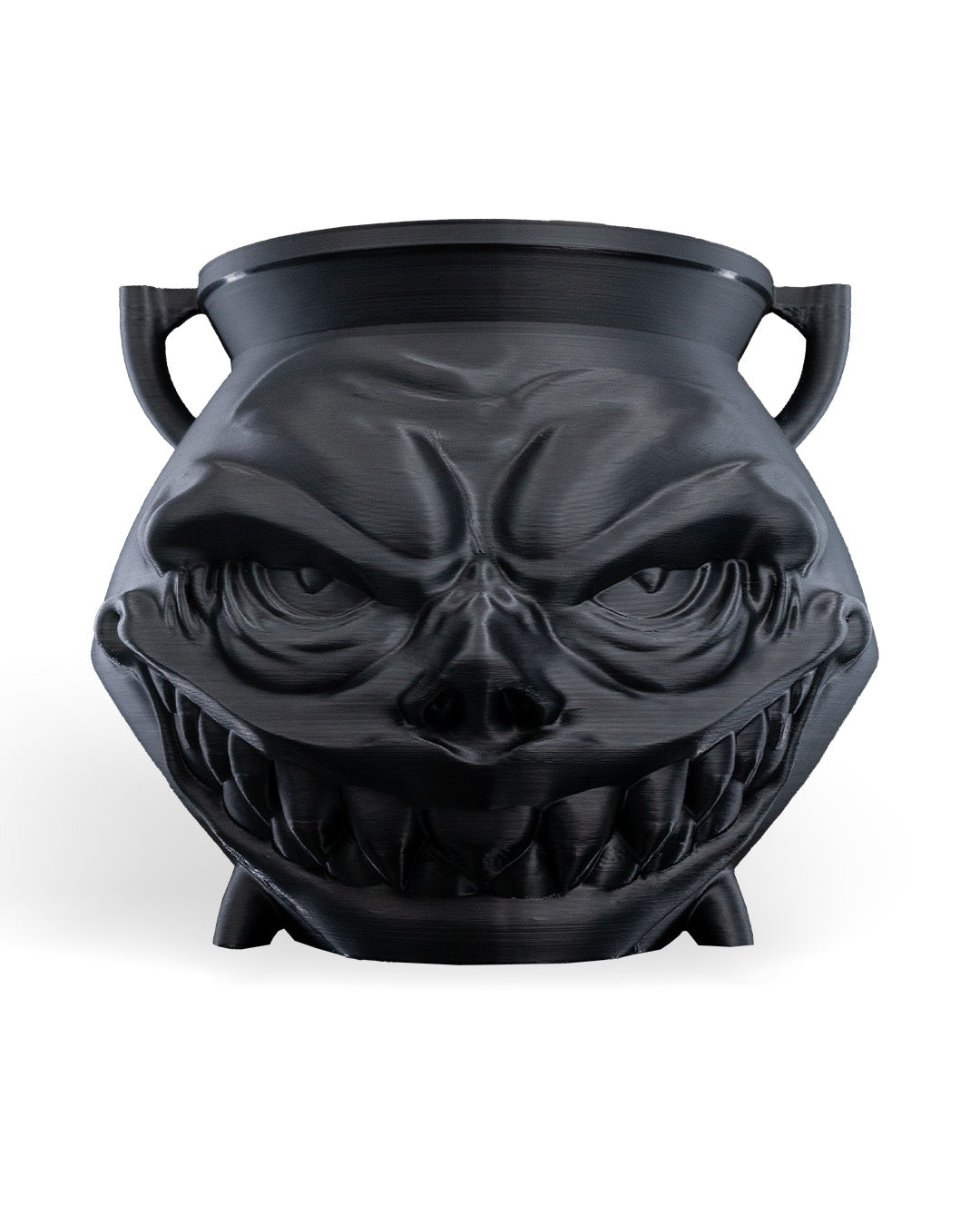 3D printed Greedy Cauldron Candy Holder with mischievous face, spooky décor, 14 cm tall