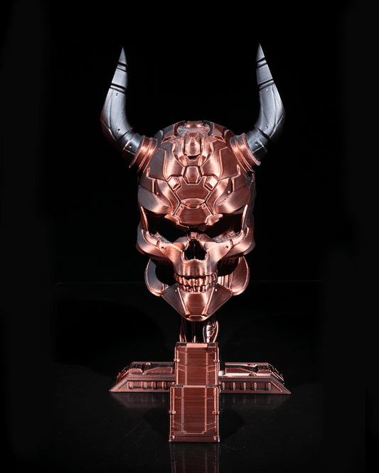 3D printed Horned Skull Headphone & Controller Holder in copper with silver horns.