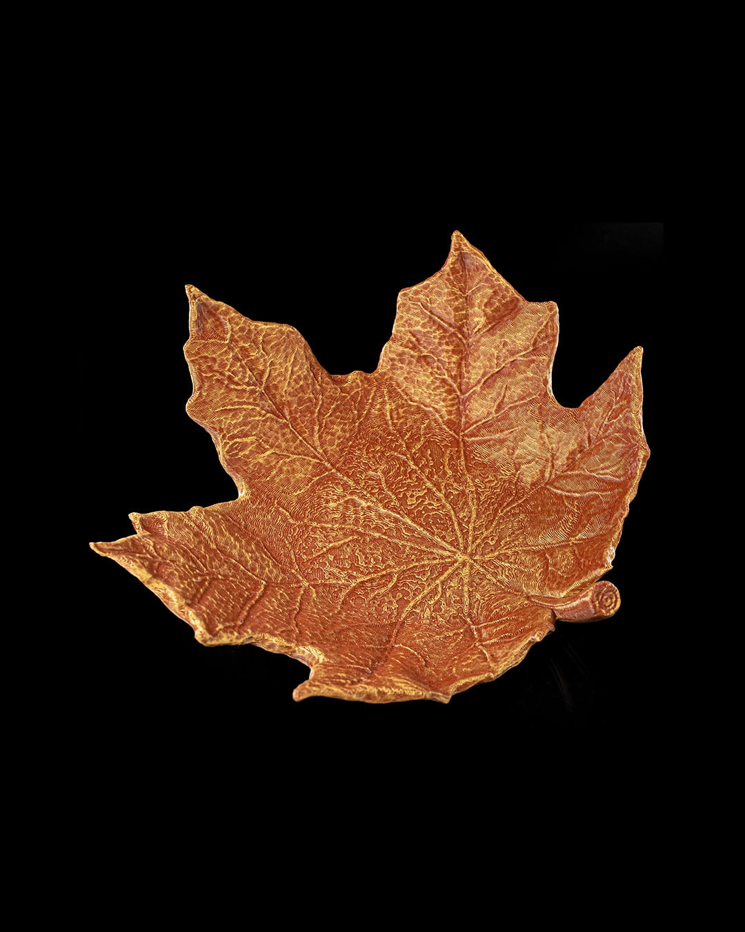 3D printed maple leaf trinket dish in rustic gold finish – fall décor bowl - Contrive3D - angled view