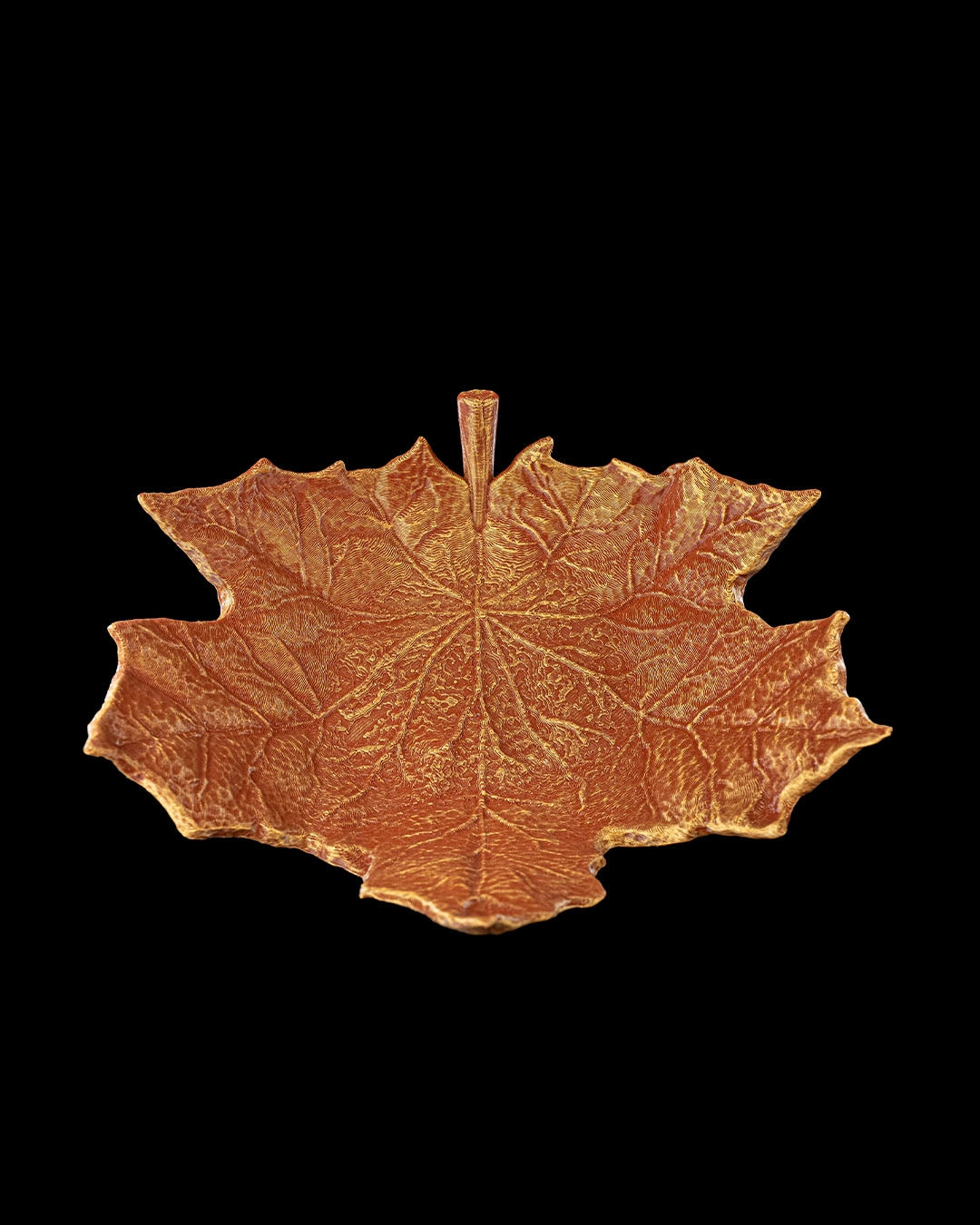 3D printed maple leaf trinket dish in rustic gold finish – fall décor bowl - Contrive3D- front view