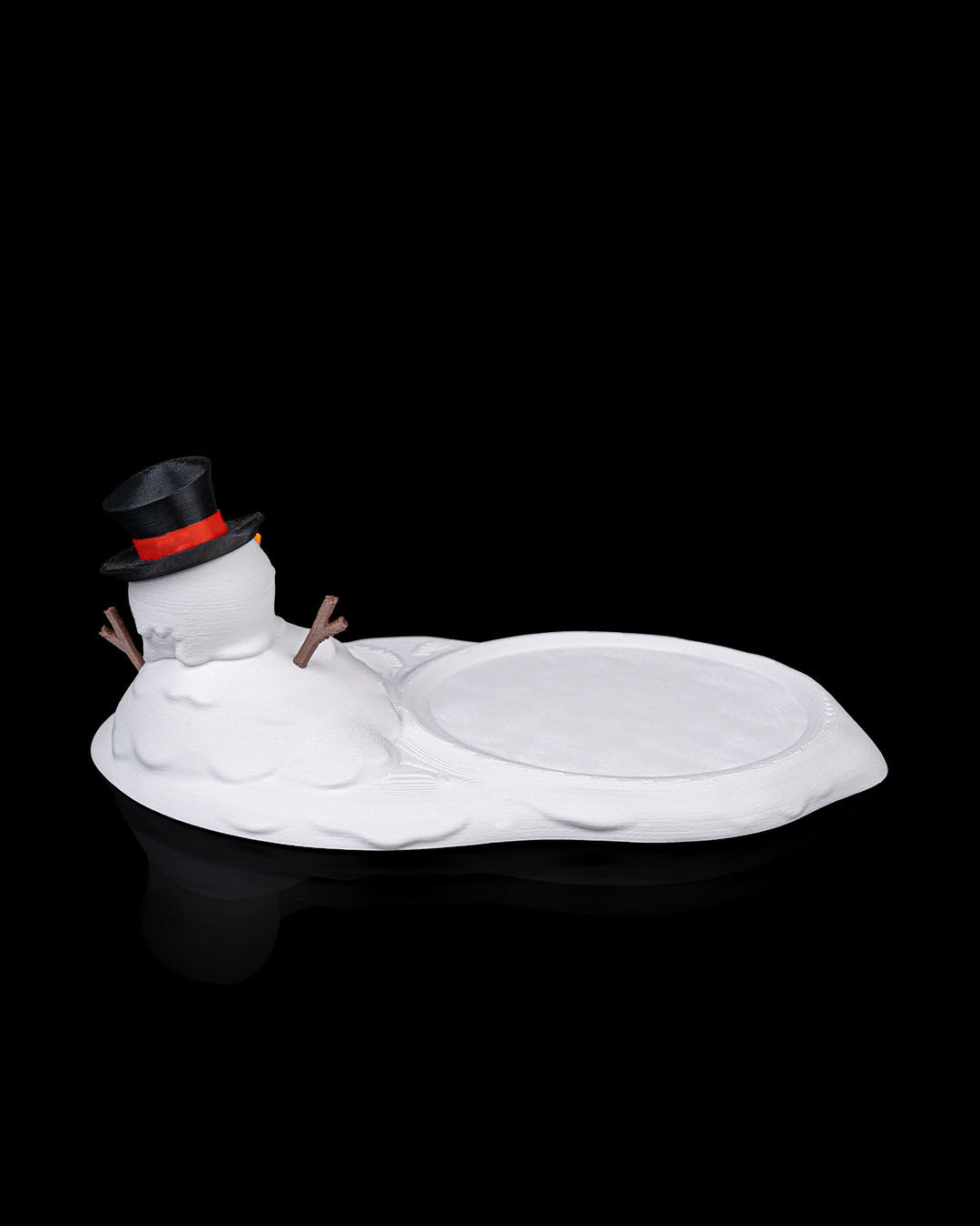 Rear view of 3D printed Meltproof Snowman Coaster showing detailed hat and melted snow texture.