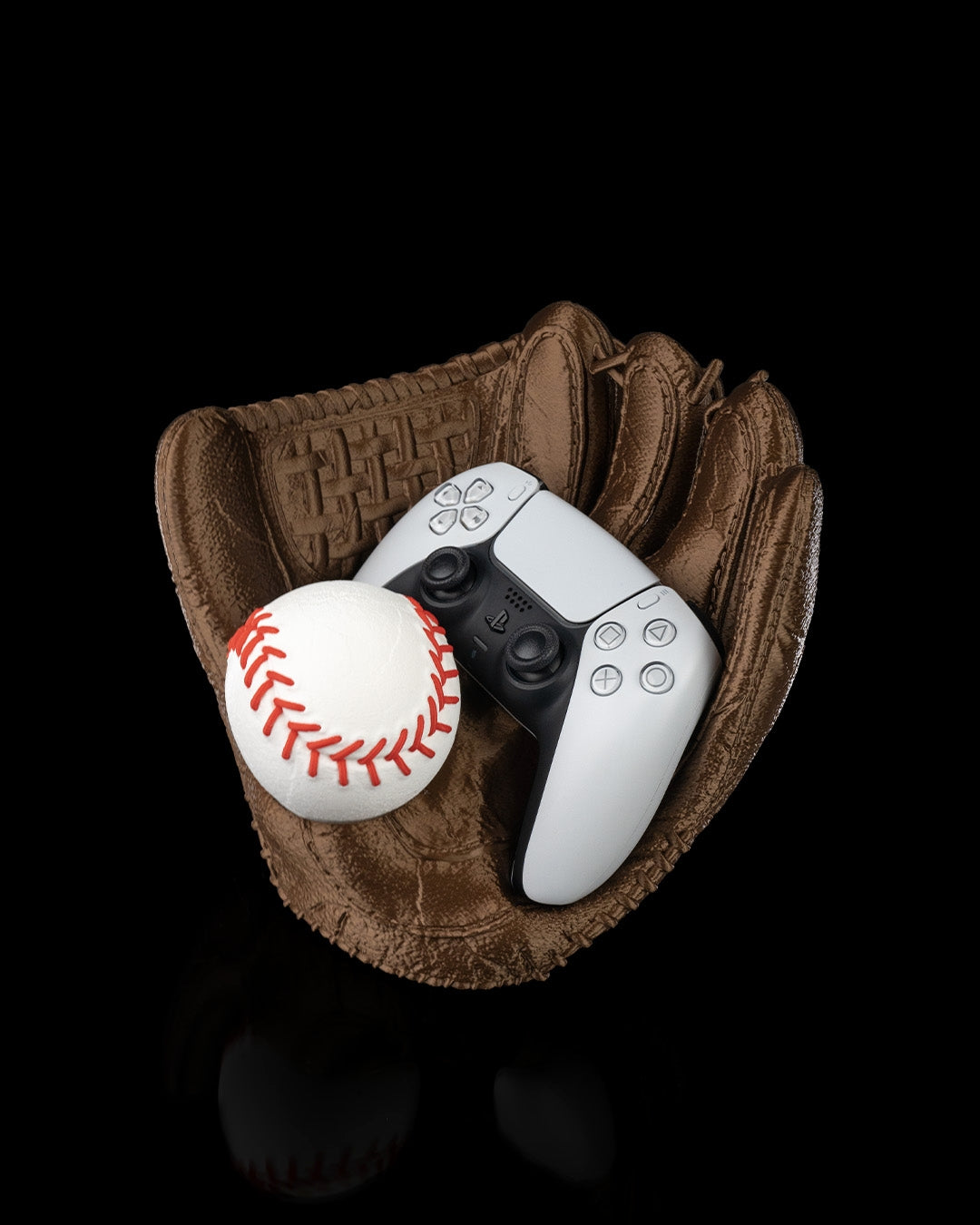 Play Catch controller holder in brown and white with red stitching