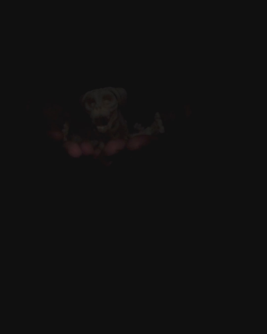 360-degree rotation video of articulated Skeleton Fidget Dog showing skeletal design and posable joints.