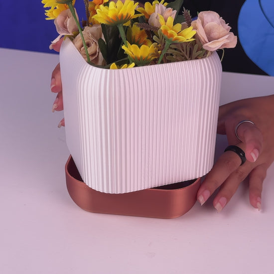 Video demonstration of QUADRA self-watering planter showing PETG construction, water reservoir function, and plant placement