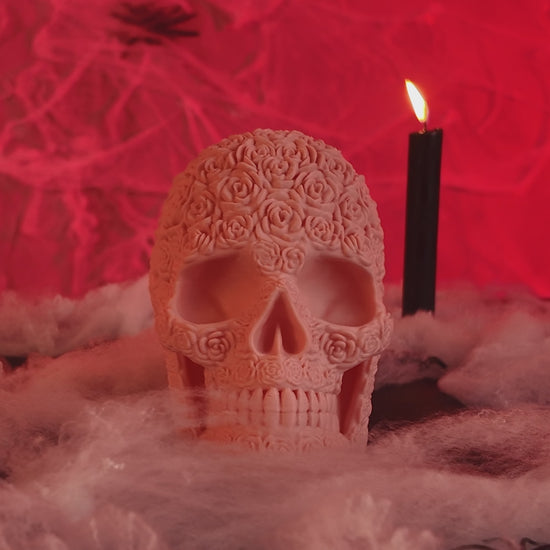 Video of 3D printed skull ornament with gothic design, Bloom of Doom Skull Contrive3D Lubbock, TX.