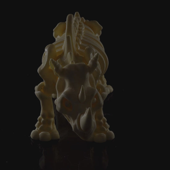 360-degree rotation video of 3D printed Skeleton Fidget Rhino showing articulated design and skeletal structure.