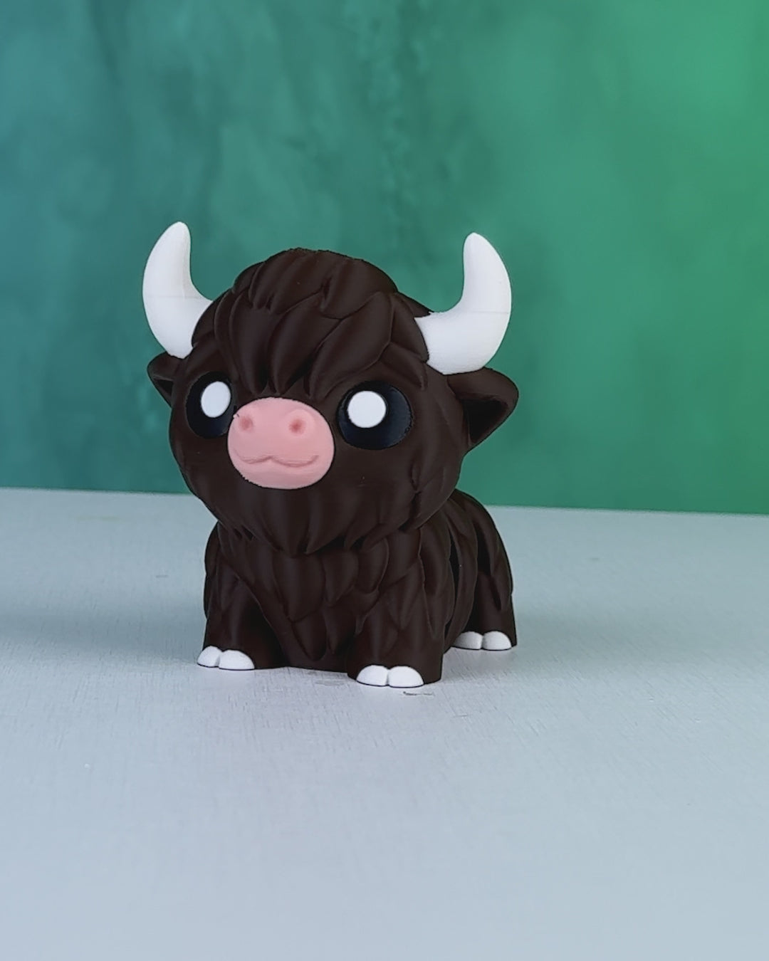 Showcase video of a 3D printed articulated Highland Cow figure demonstrating movement and full 360-degree view.3D printed articulated Highland Cow figure, front view, approximately 10cm tall, with detailed fur texture and white horns.