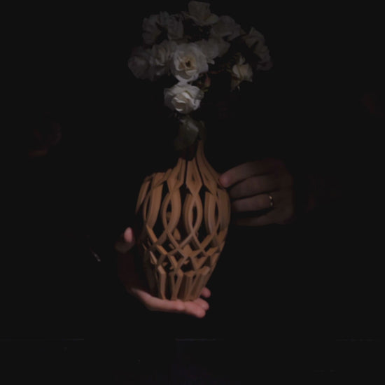 360-degree video of the Vista Vase showing geometric lattice design and enamel-sealed PETG finish.