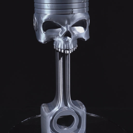 360-degree rotating view of Piston Skull Headphone Holder, a 28cm tall 3D printed headset stand.