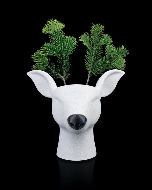 3D printed Rootolph the Planter shaped like a reindeer head with green branches for antlers.
