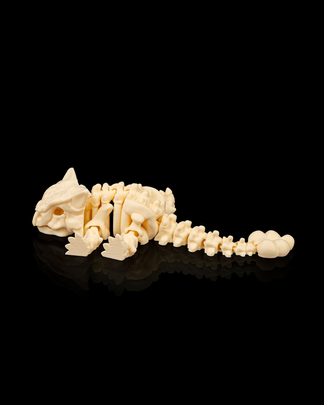 Side profile of 3D printed Skeleton Ankylosaurus lying flat highlighting detailed bone structure and tail.
