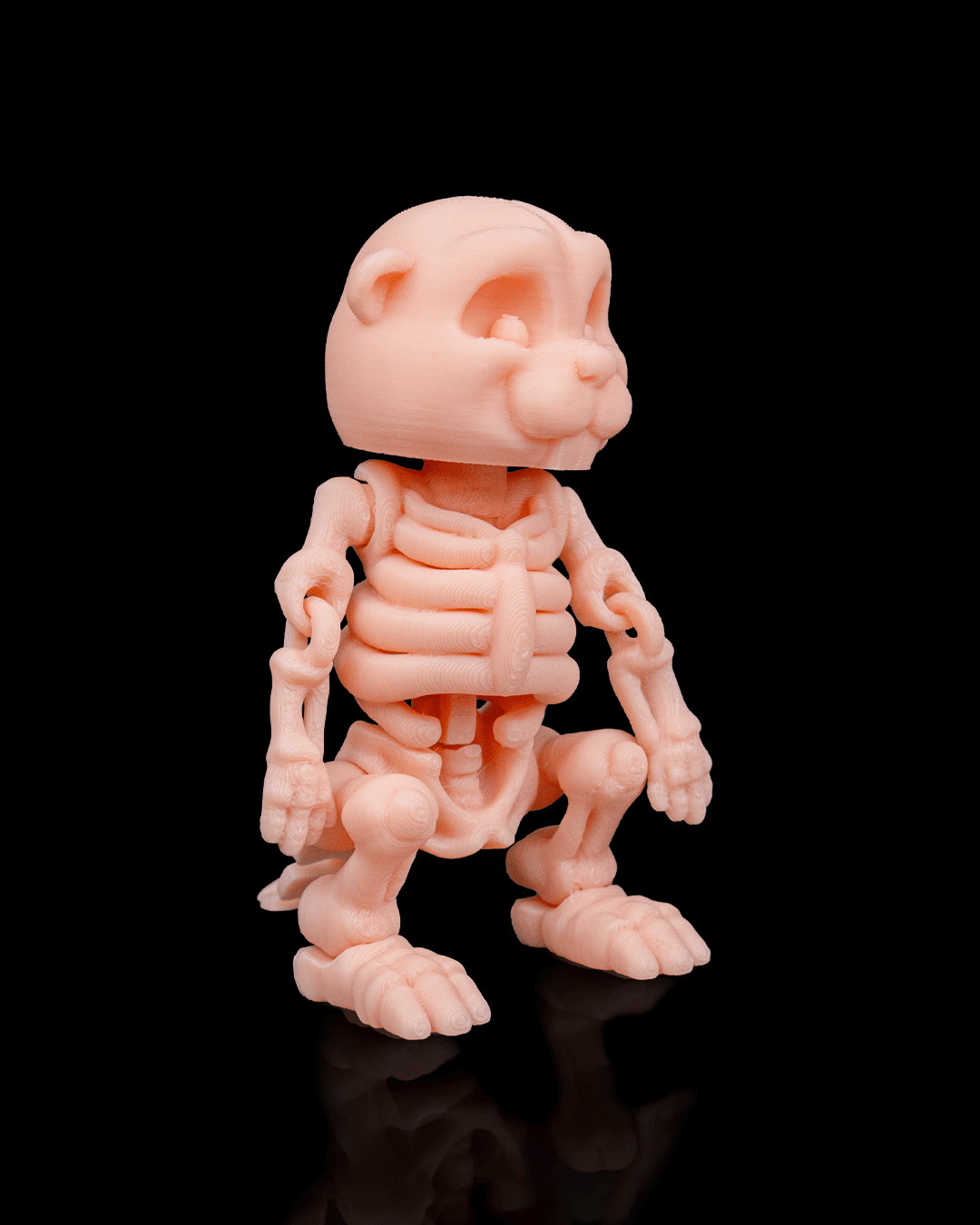 Side profile of Skeleton Fidget Beaver 3D print in beige PLA showing skeletal details. 