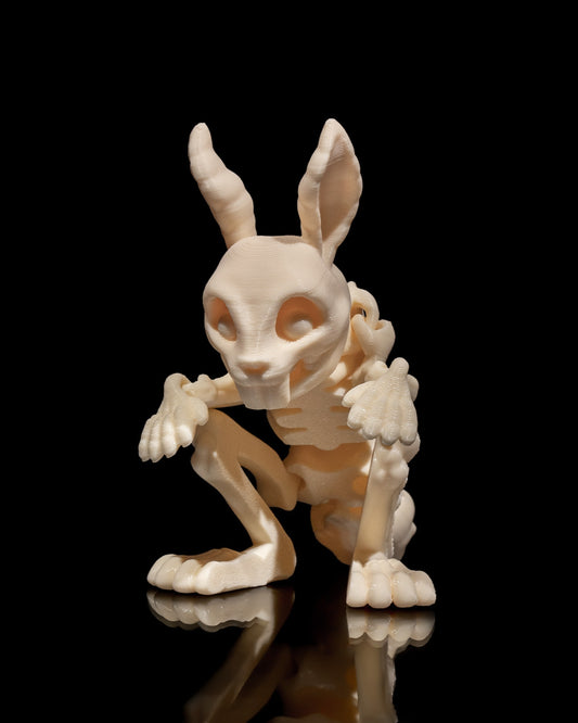 Front view of 3D printed Skeleton Fidget Bunny with articulated ears and skeletal details