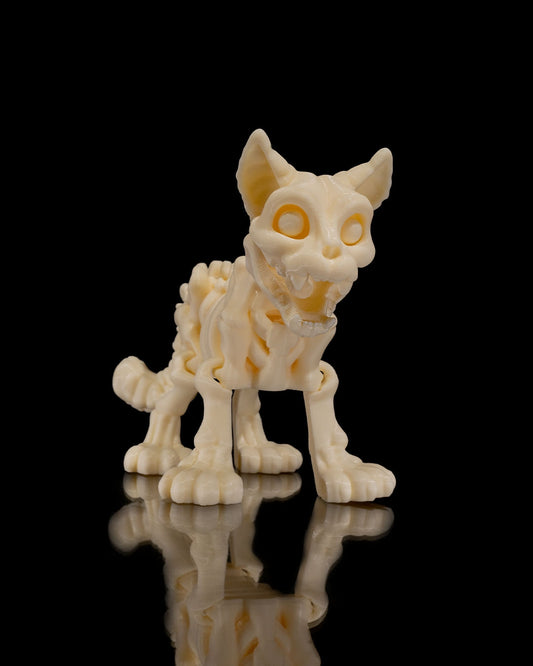 Front view of 3D printed Skeleton Fidget Cat with articulated limbs and bony grin.