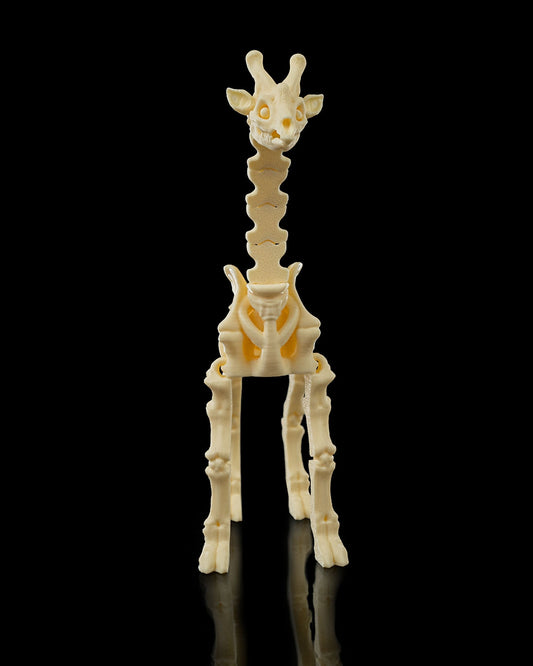 Skeleton Fidget Giraffe 3D printed in beige PLA standing upright on black background