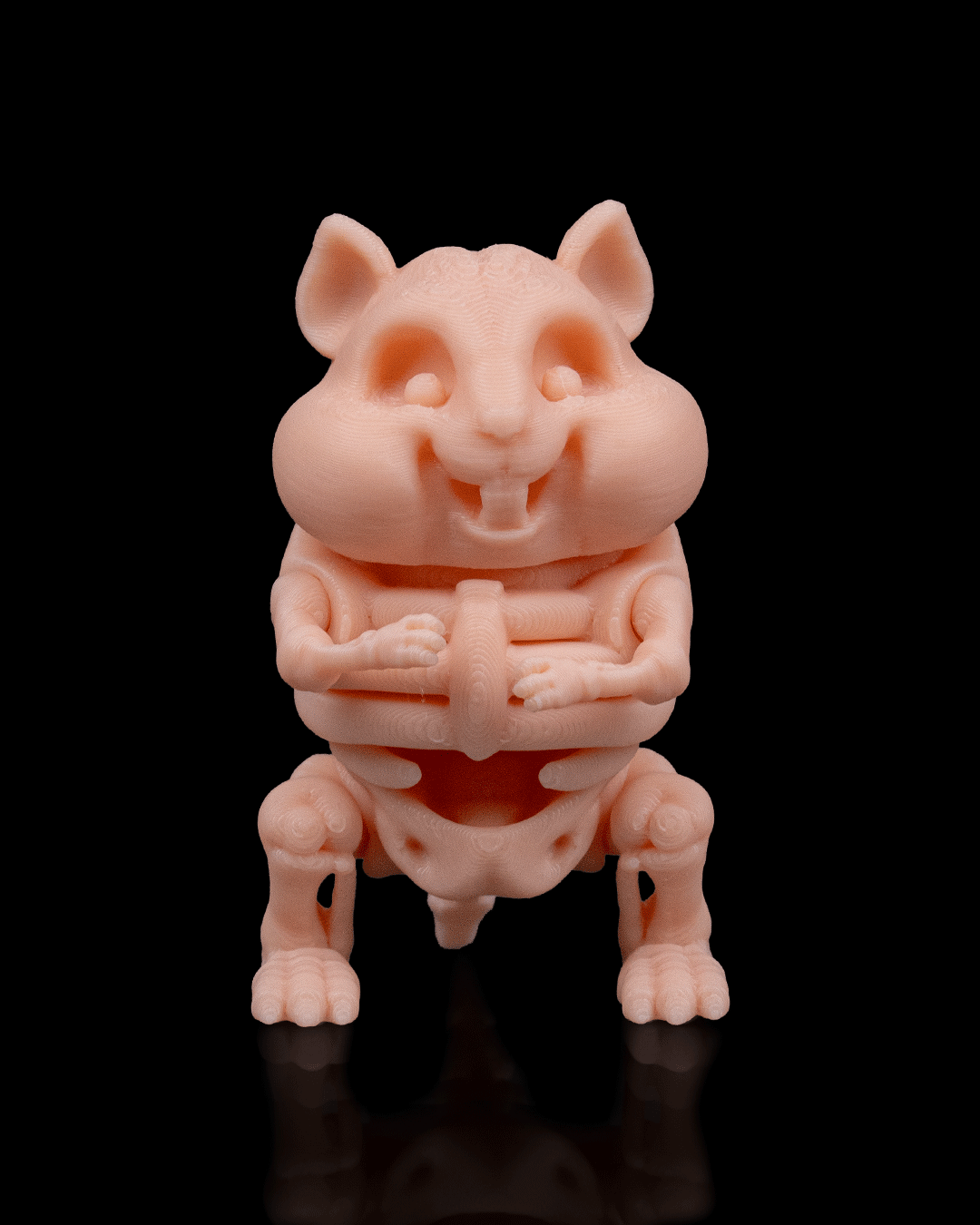 Front view of 3D printed Skeleton Fidget Hamster with round body and articulated joints.